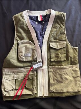 Kith Olive Utility Vest with Cream Details and Red Tag